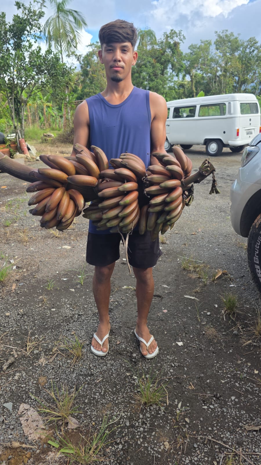 Agricultor jovem segurando um cacho de banana